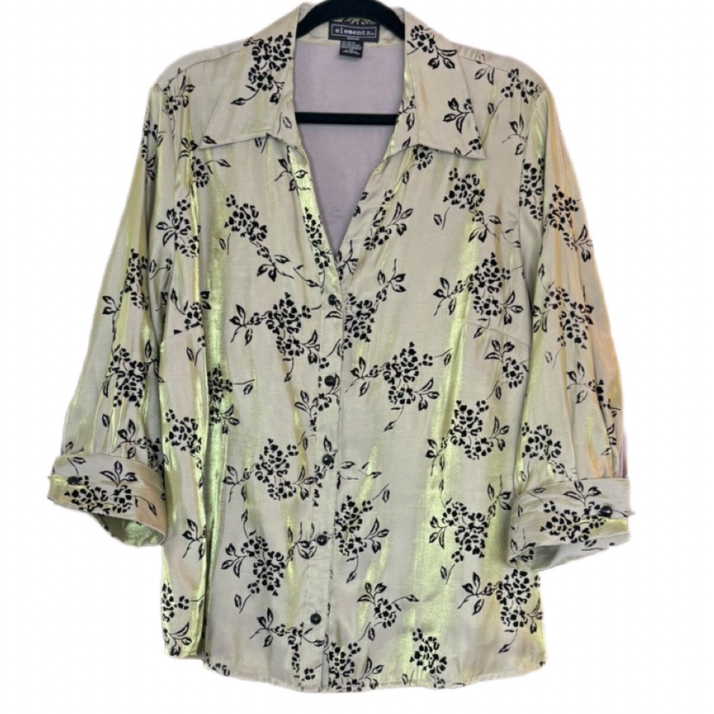 Elementz Shimmer Floral Velvet Burnout Button Front Blouse Long Sleeve